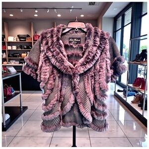 Linda Richards Women’s Waist-Length Rabbit-Fur Jacket. Purple/Black. Small